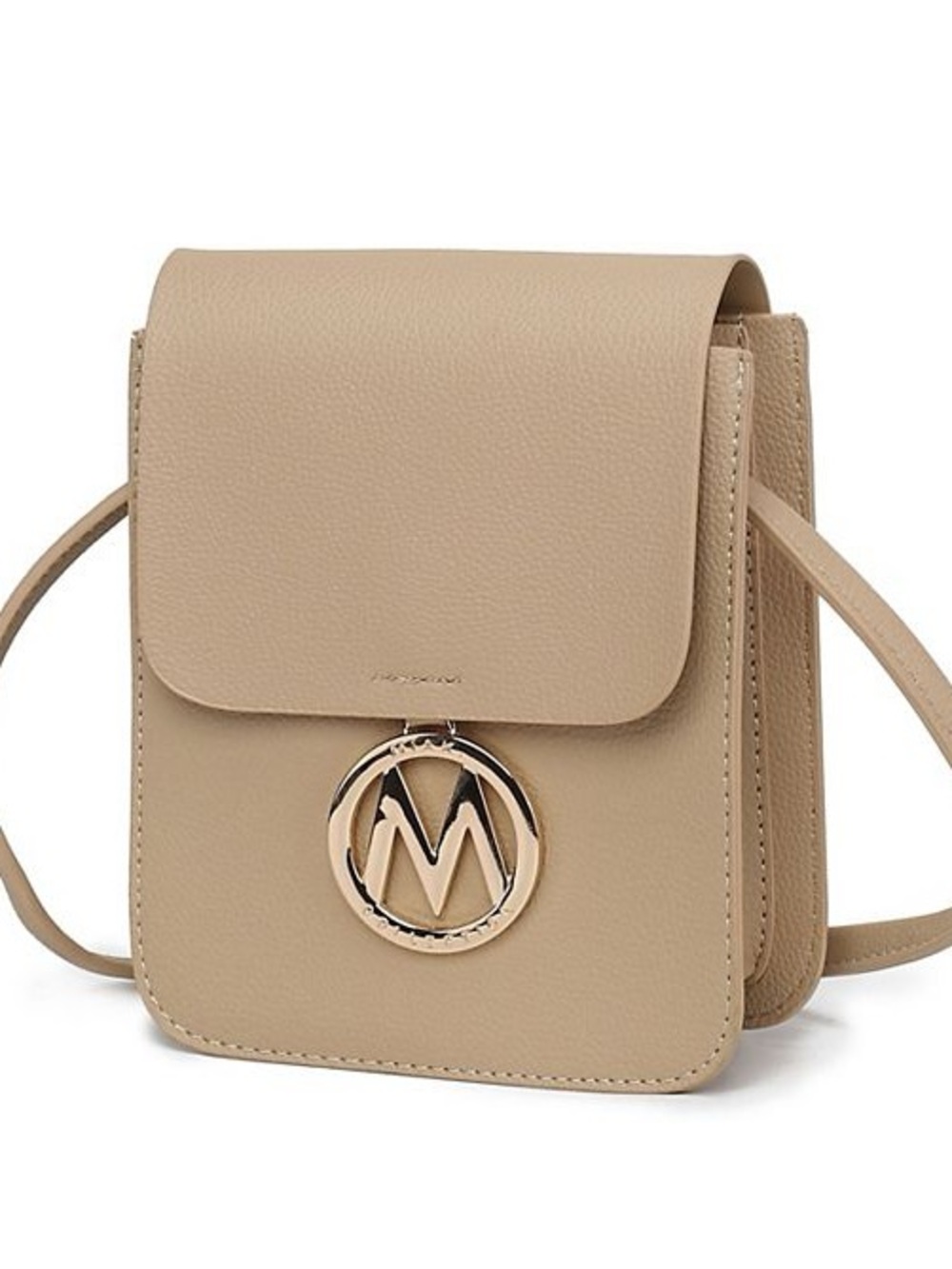 MISHA COLLECTION Pebbled Beige Crossbody with Gold Logo Accent